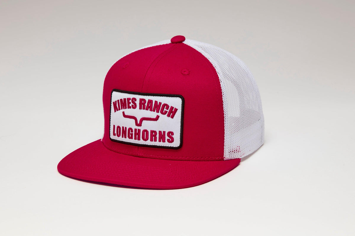 Kimes Ranch LJC Trucker Hat in Red with white mesh back and a front patch featuring the Kimes Ranch logo