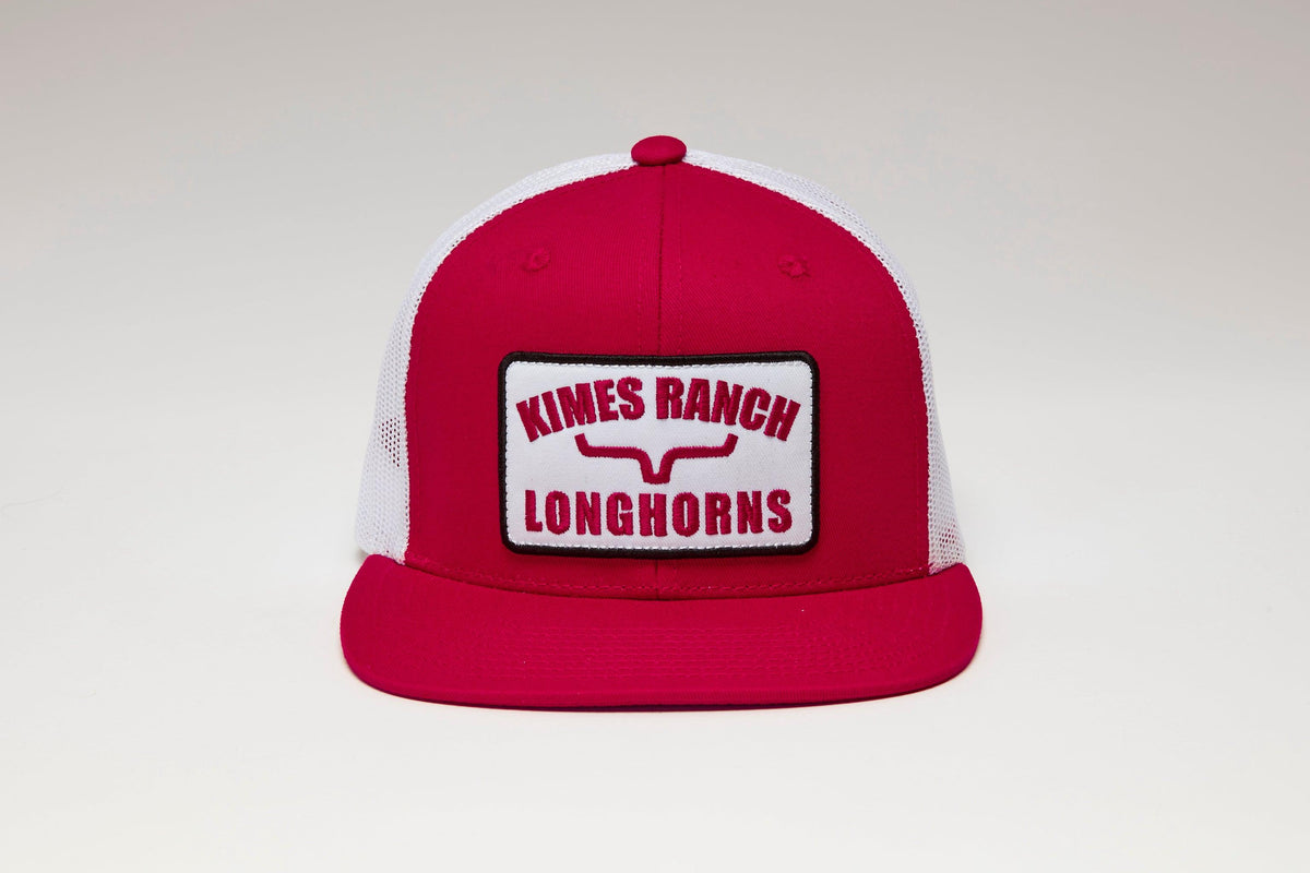 Kimes Ranch LJC Trucker Hat in Red with white mesh back and embroidered Kimes Ranch Longhorns logo patch