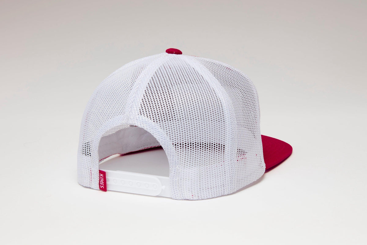 Kimes Ranch LJC Trucker Hat in Red, back view, with white mesh back and adjustable strap