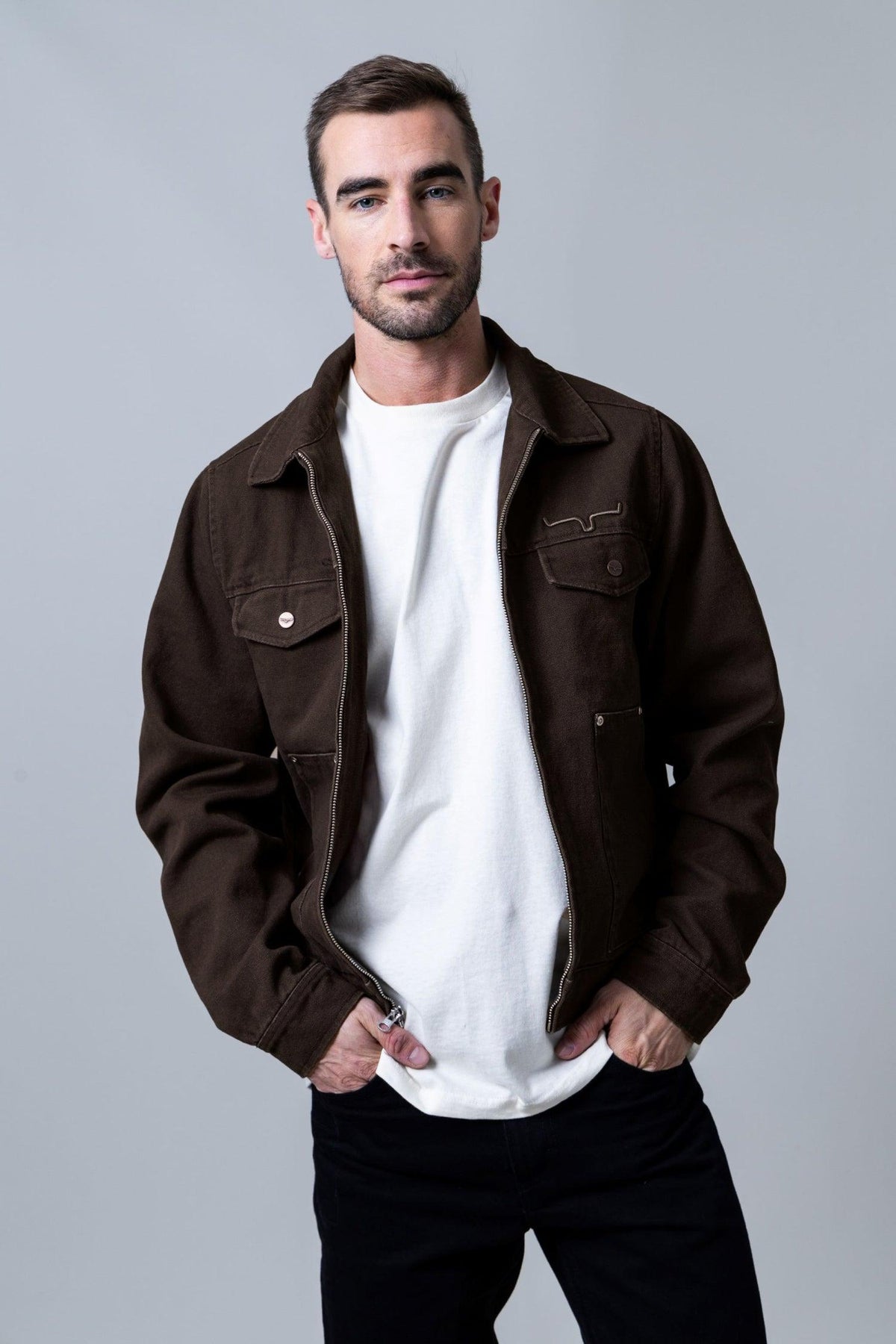 Kimes Ranch Logan Jacket in Dark Brown with zip front and chest pockets