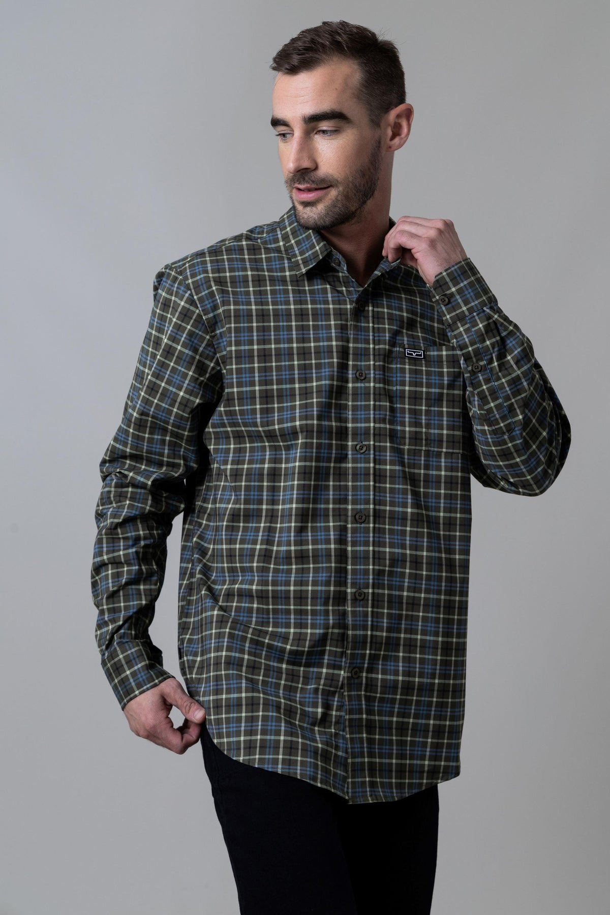 Kimes Ranch Lucas dress shirt in Army plaid with long sleeves and a chest pocket with logo