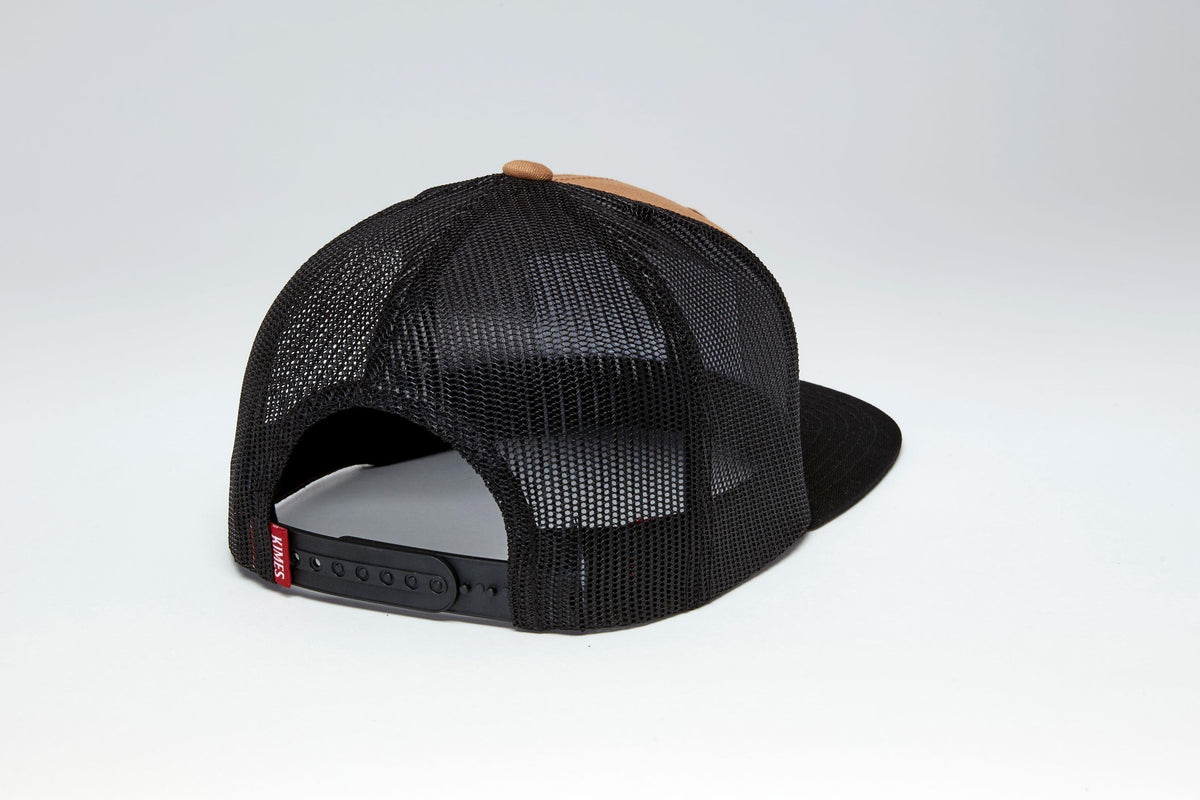 Kimes Ranch LJC Trucker, back view, hat in black mesh with a Work Wear Brown front panel and adjustable snap closure