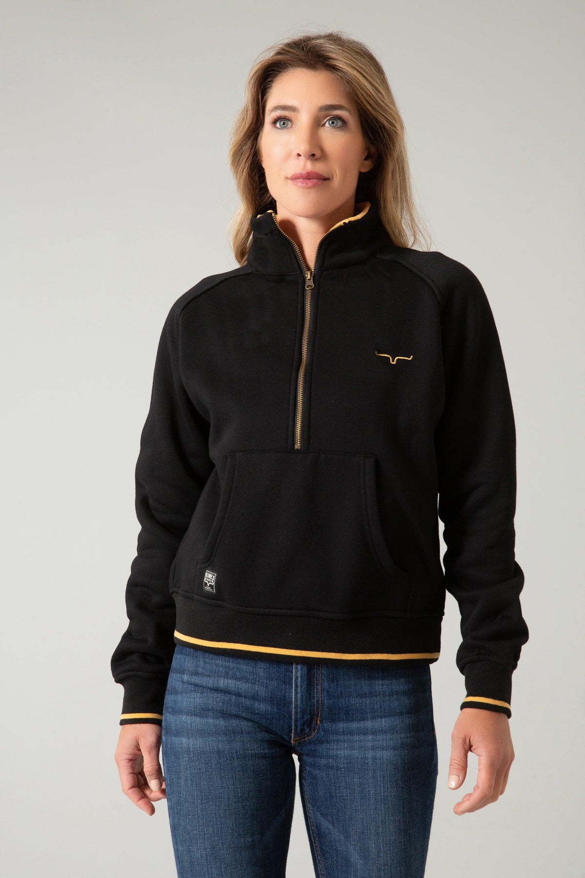 Kimes Ranch Malta Cropped Quarter Zip Sweatshirt in Black with gold zipper and logo
