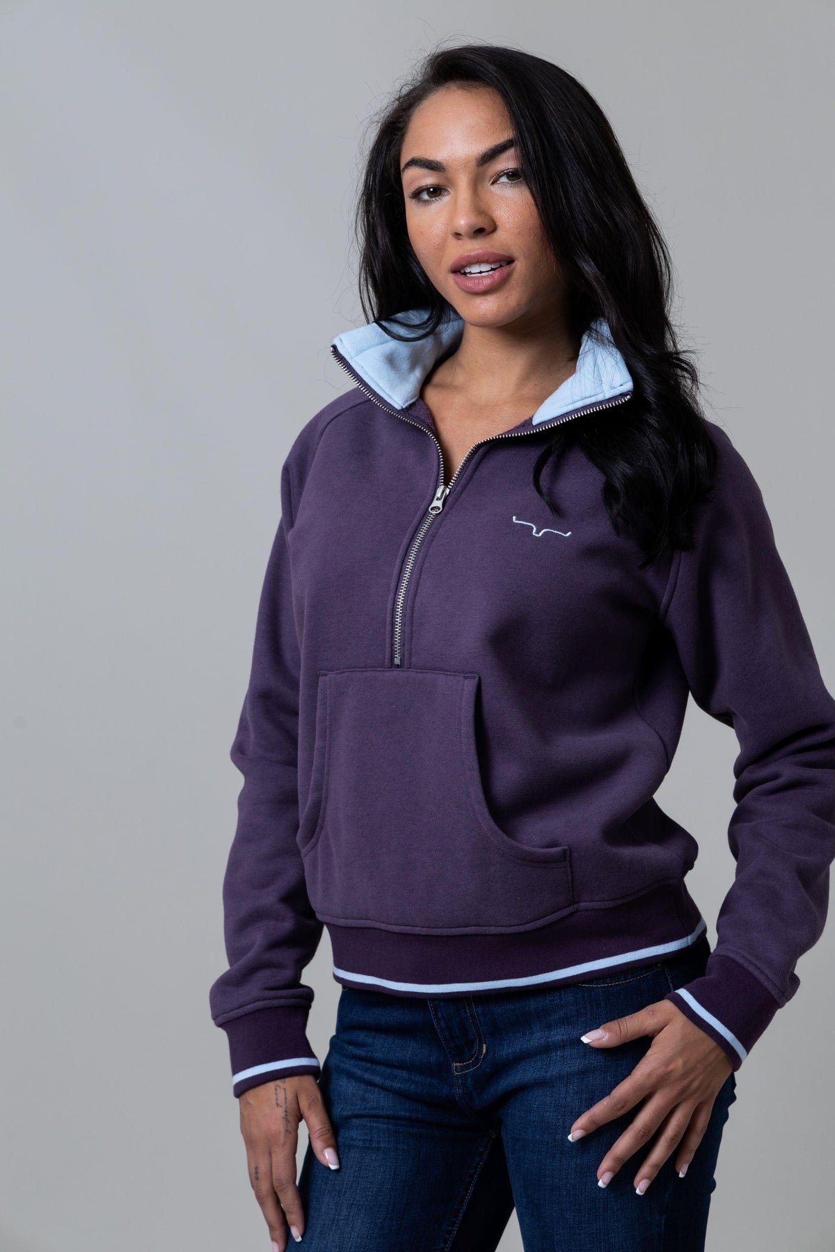 Kimes Ranch Malta Cropped Quarter Zip Sweatshirt in Plum with a front kangaroo pocket and white logo