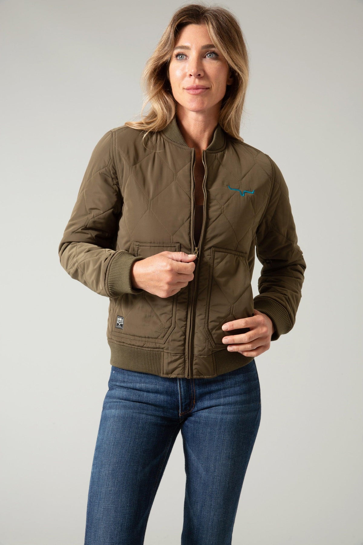 Kimes Ranch Marino Bomber Jacket in Dark Army with diamond quilting and front pockets