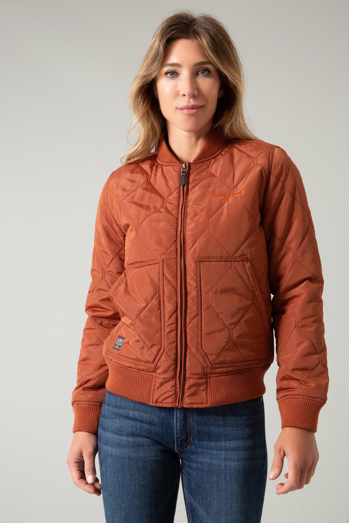 Kimes Ranch Marino Bomber Jacket in Dark Rust with diamond quilting and front pockets