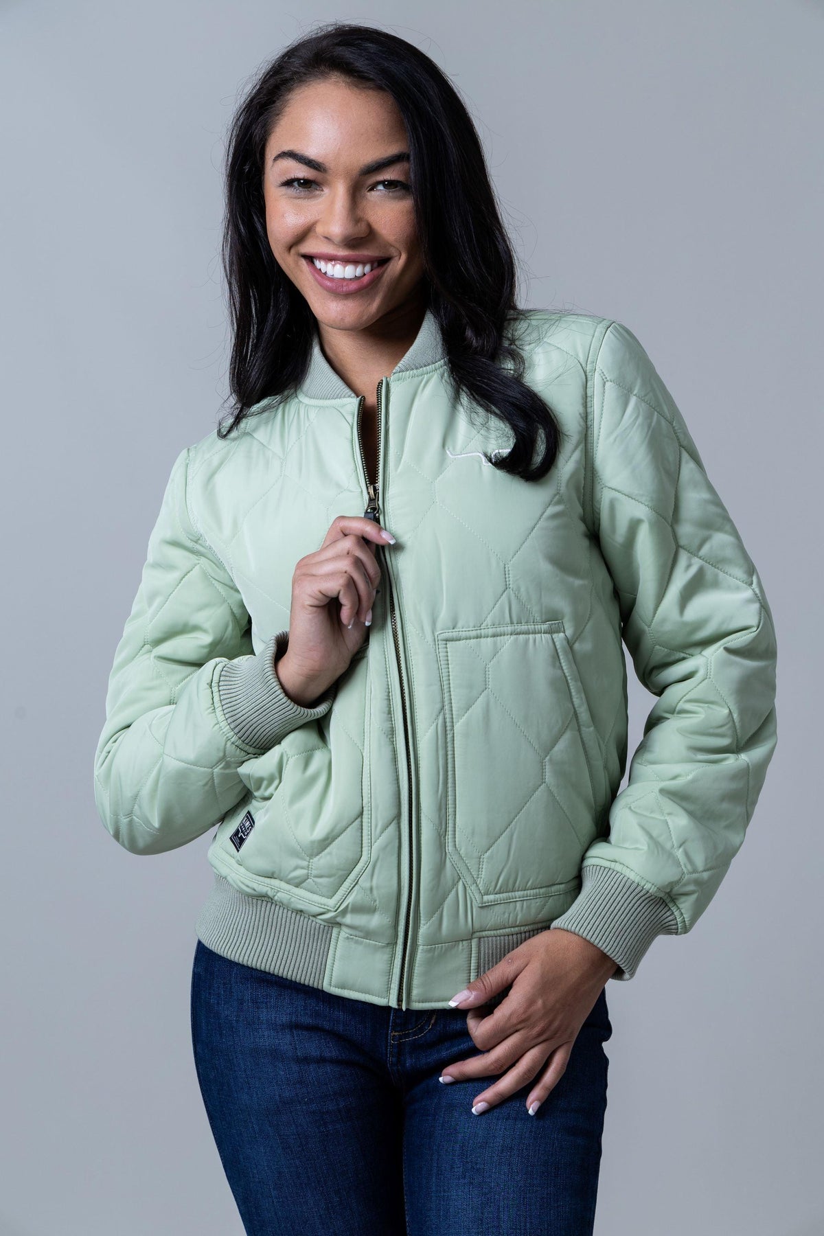 Kimes Ranch Marino Bomber Jacket in Sage with diamond quilting and front pockets