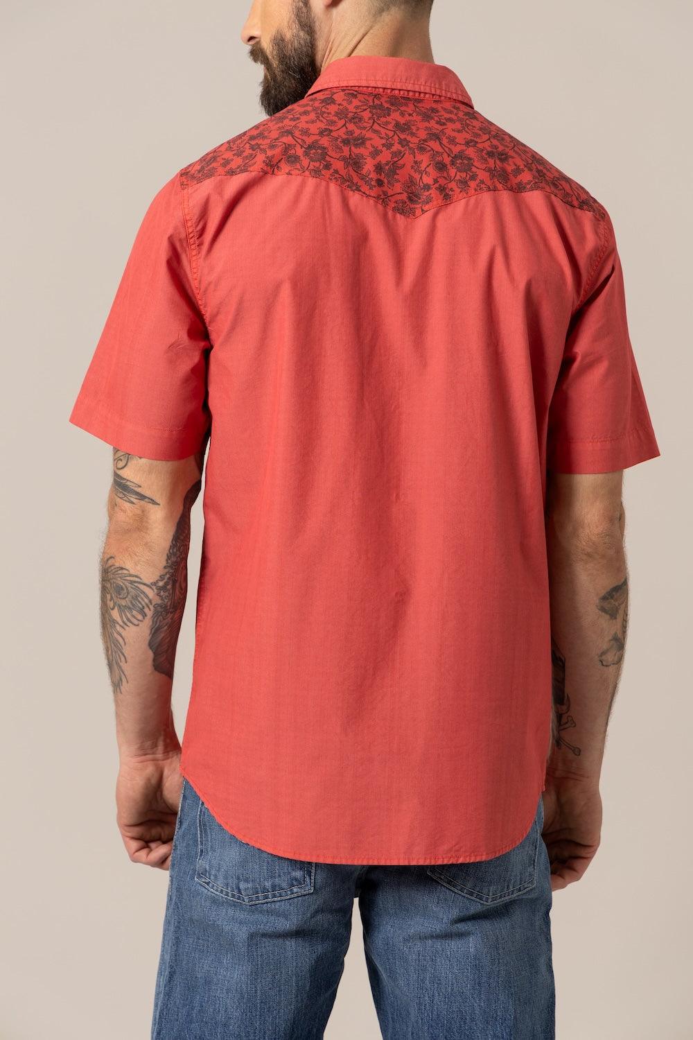 Kimes Ranch Medina dress shirt in Red, back view, with a floral patterned yoke and short sleeves
