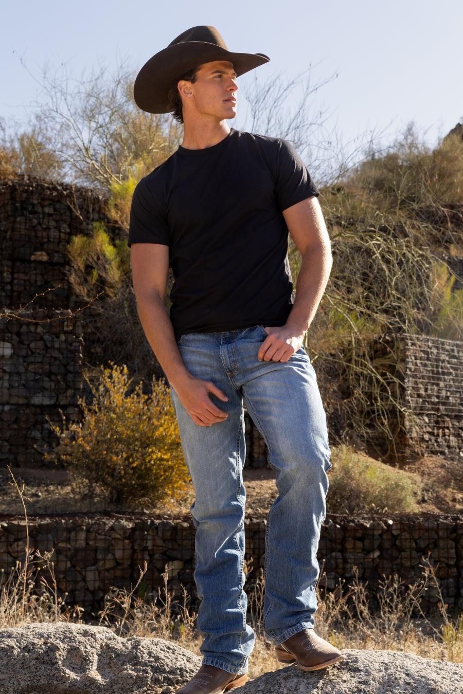 Kimes Ranch Barney Slim Fit Bootcut jeans in blue with a classic five-pocket design and visible stitching