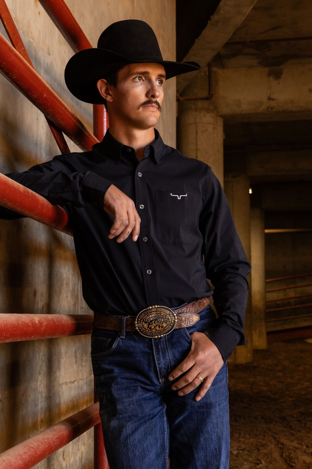 Kimes Ranch KR Team Dress Shirt in Black with a chest pocket and embroidered logo