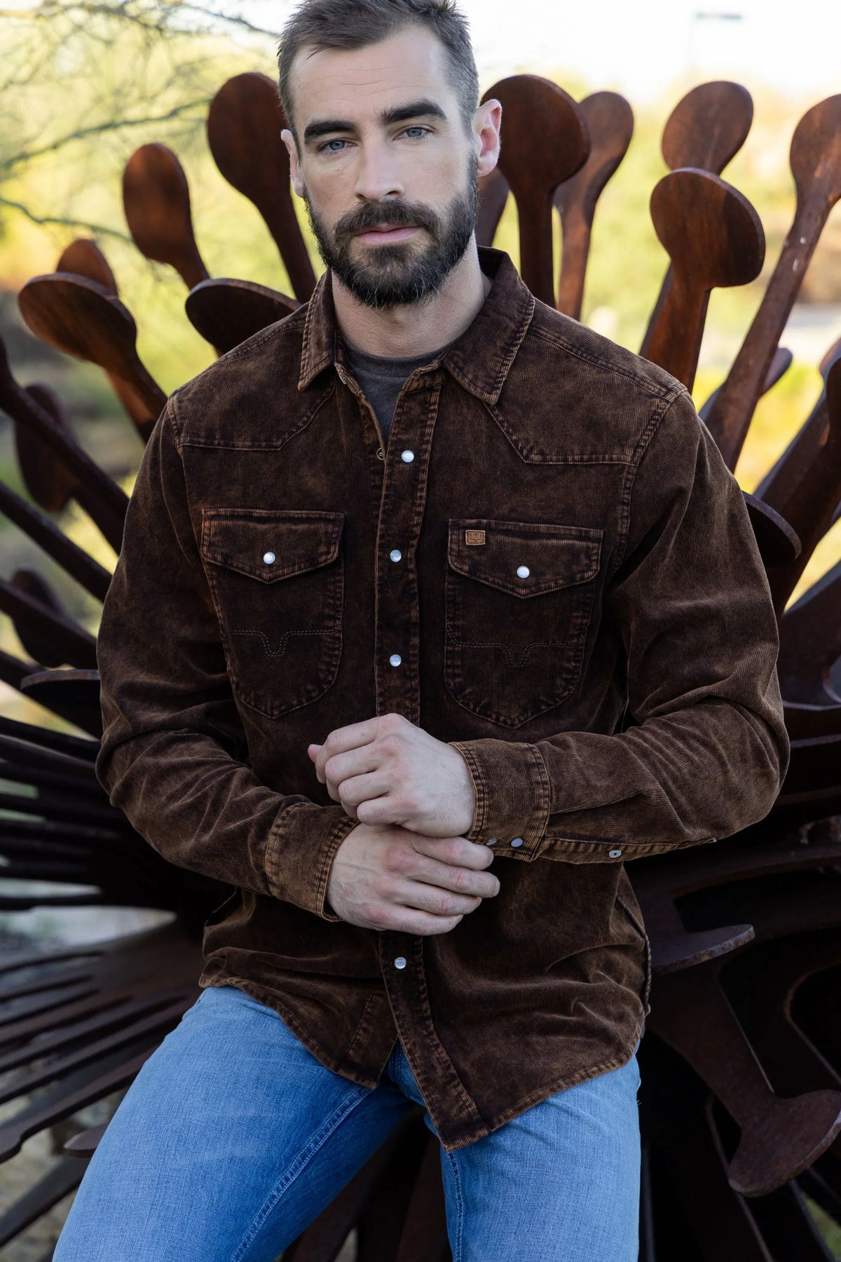 Kimes Ranch Catalina Cord dress shirt in Dark Brown with snap buttons and chest pockets