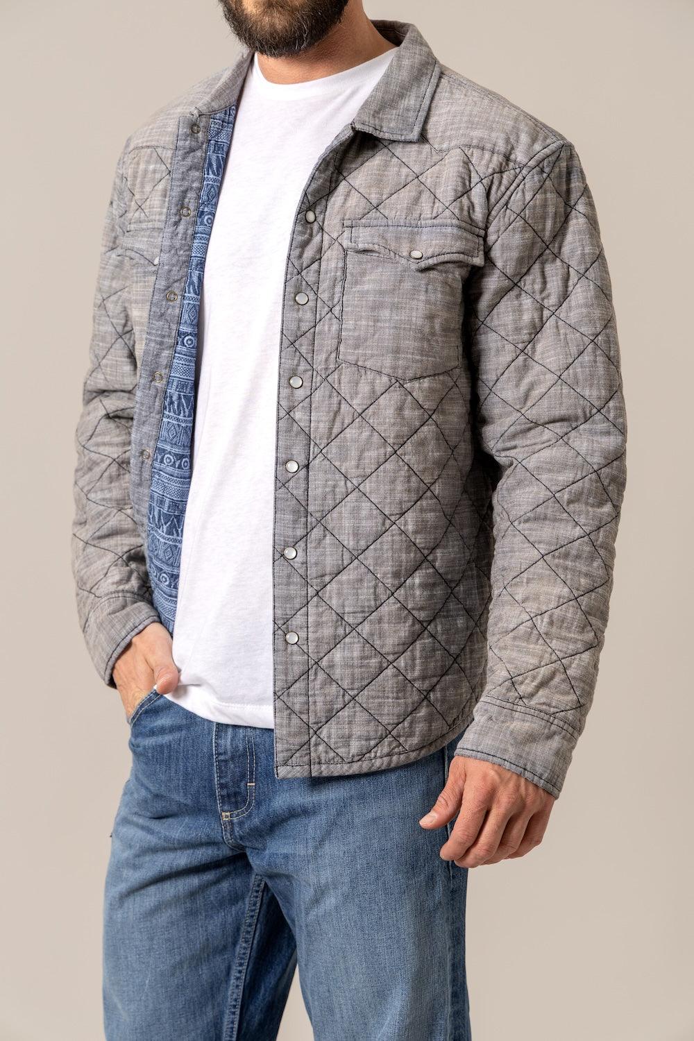 Kimes Ranch Westport Chambray jacket in grey with diamond quilting and a blue patterned lining