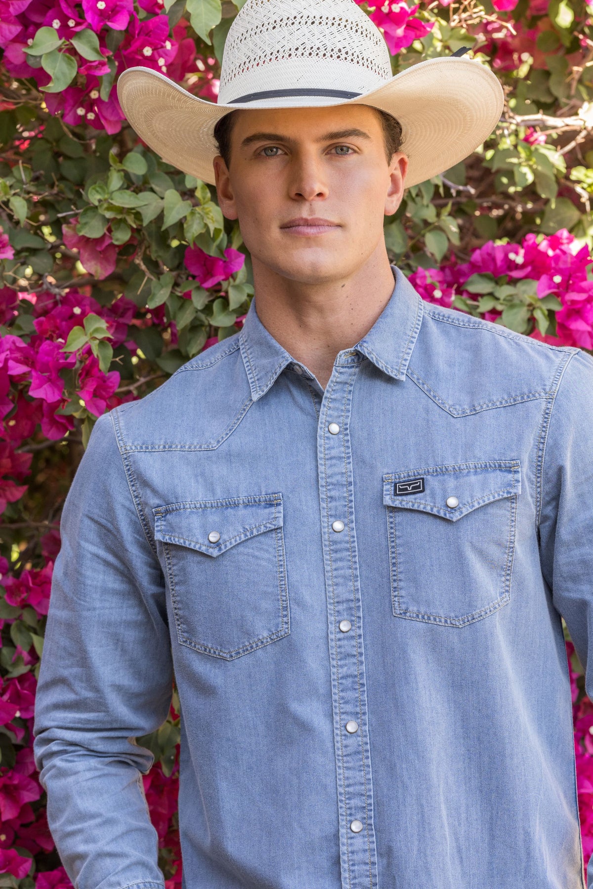 Kimes Ranch Cleavon long sleeve dress shirt in Blue with a pointed collar and two chest pockets