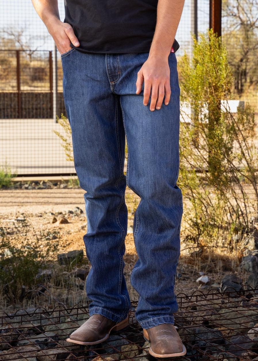 Kimes Ranch Dillon Relaxed Bootcut jeans in blue with front pockets and relaxed fit