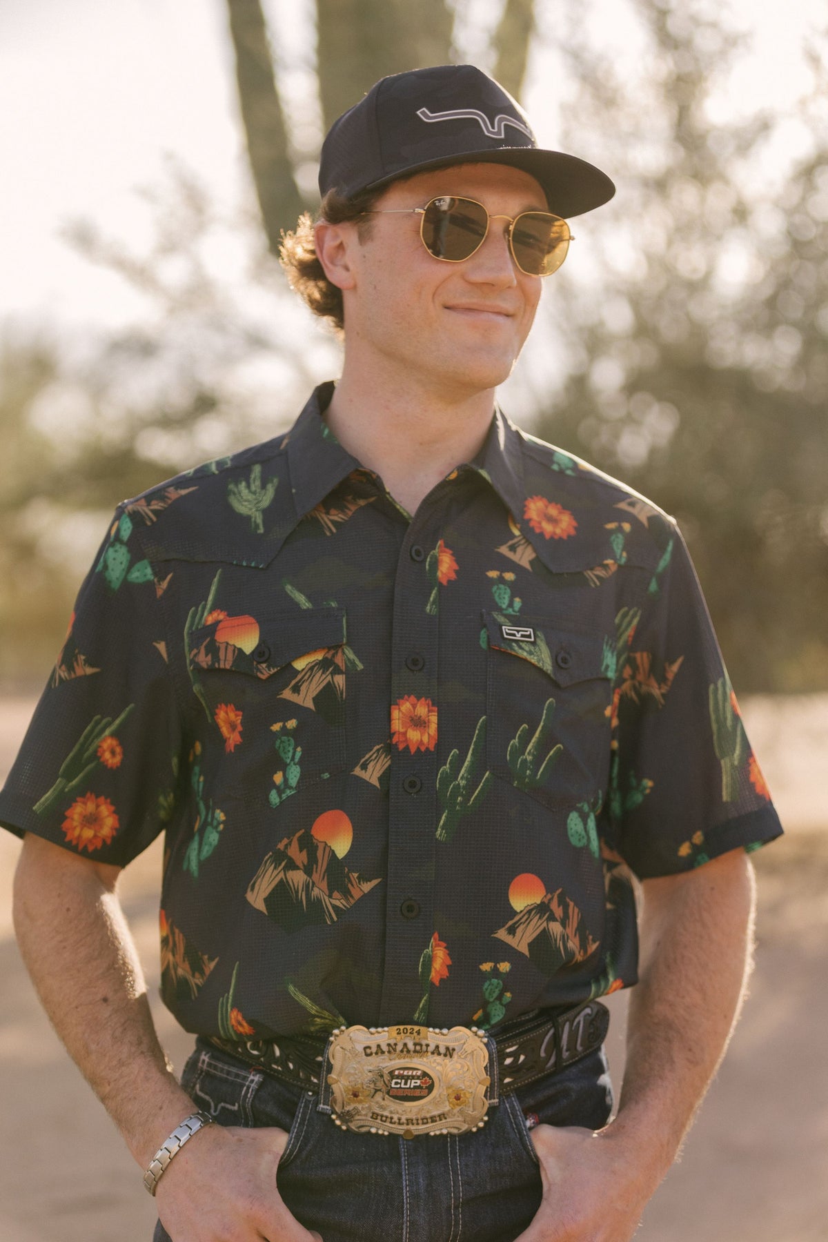 Kimes Ranch Berry dress shirt in Black with a cactus and sunset print and two chest pockets