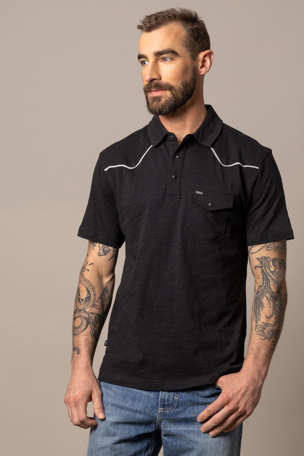 Kimes Ranch G-2 Polo in Black with contrast stitching and a chest pocket