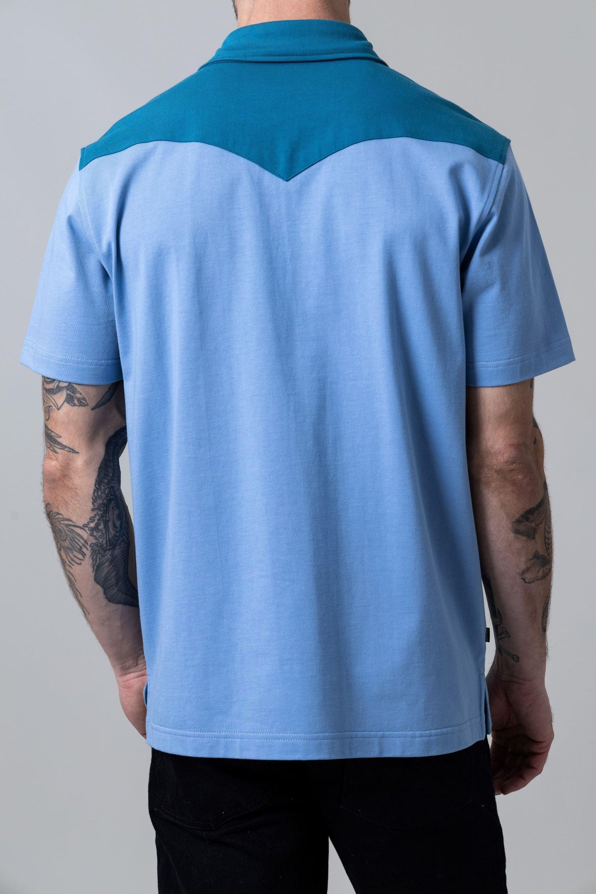 Kimes Ranch Gallup Polo in Light Blue, back view, with a teal yoke and collar