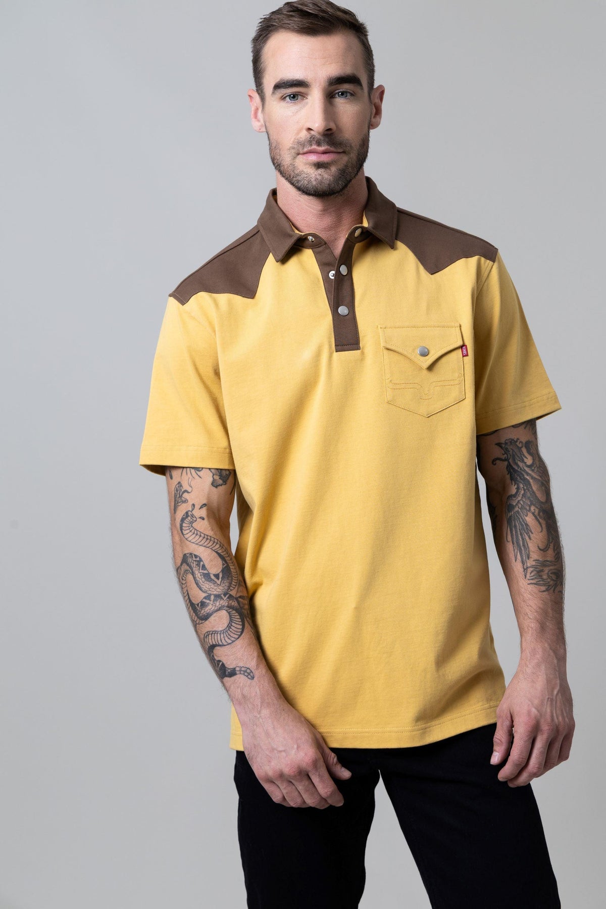 Kimes Ranch Gallup Polo in Maize with brown yoke and collar and front pocket