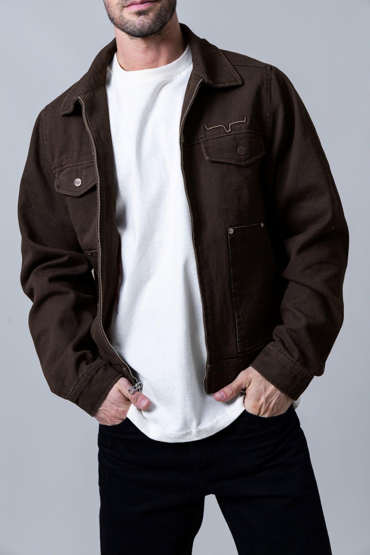 Kimes Ranch Logan Jacket in Dark Brown with a zip front, collar, and chest pockets