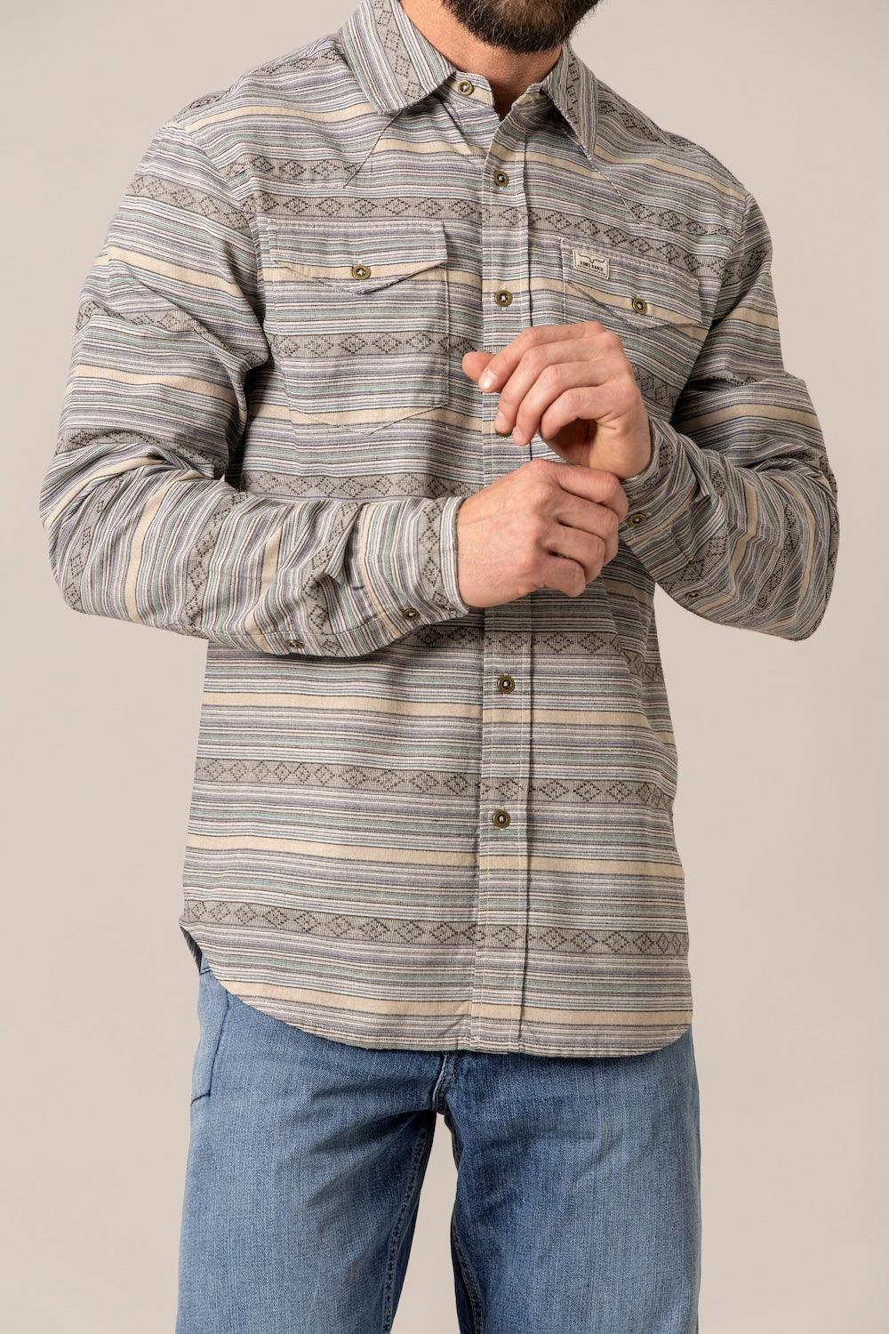 Kimes Ranch Ortega dress shirt in Chalk with horizontal stripes and diamond motifs and two button flap pockets