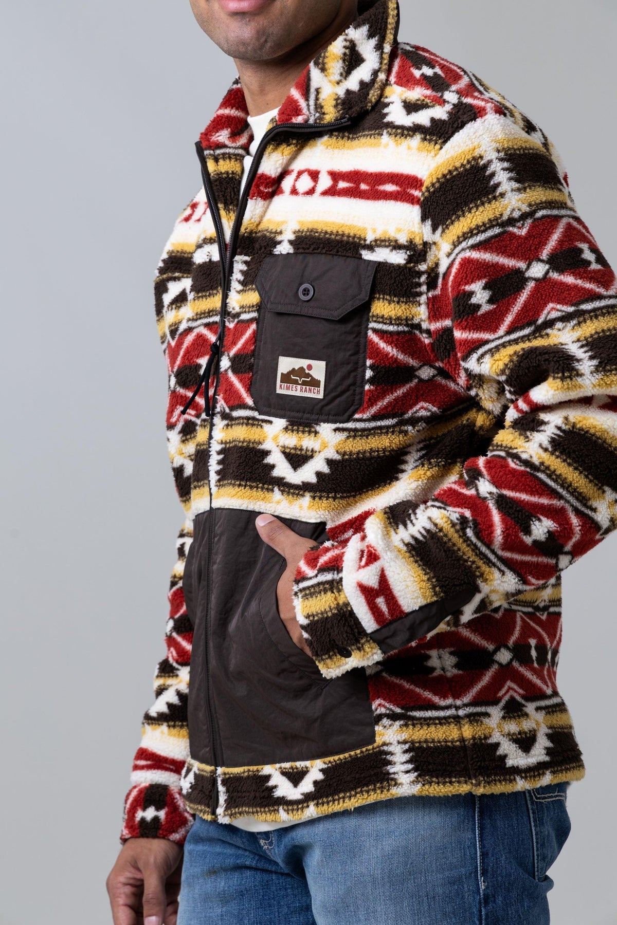 Kimes Ranch Maxwell sweatshirt in Brown, side view, with red, yellow