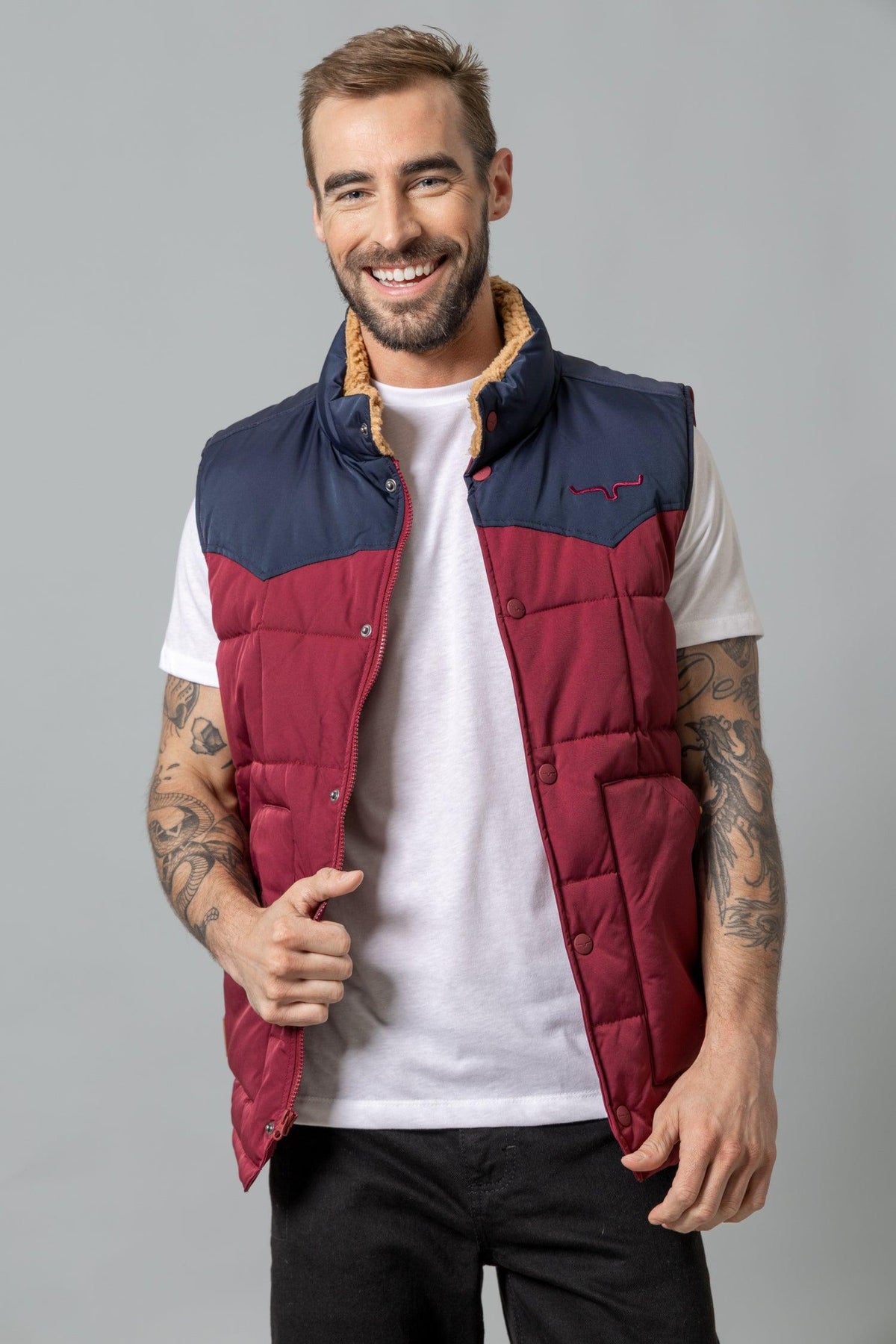 Kimes Ranch Muir Trail Vest in Burgundy with navy yoke, sherpa collar, and front pockets