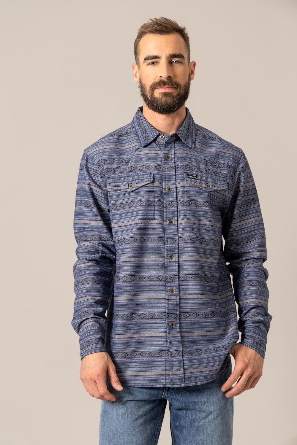 Kimes Ranch Ortega dress shirt in Indigo with horizontal stripes and two chest pockets