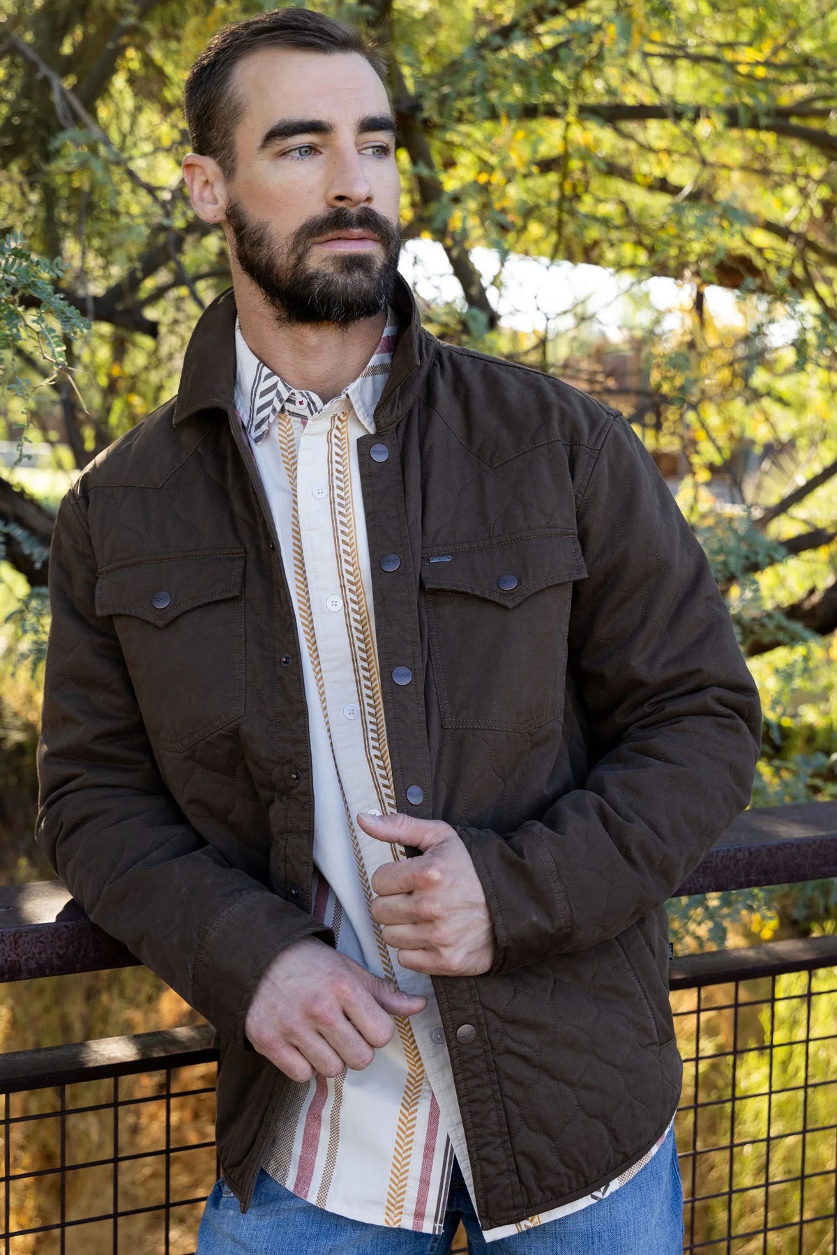 Kimes Ranch Dickson Shacket in Dark Brown with quilted texture and button front pockets