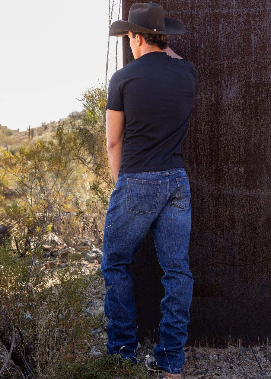 Kimes Ranch Dillon Relaxed Bootcut jeans in blue with back pockets and relaxed fit