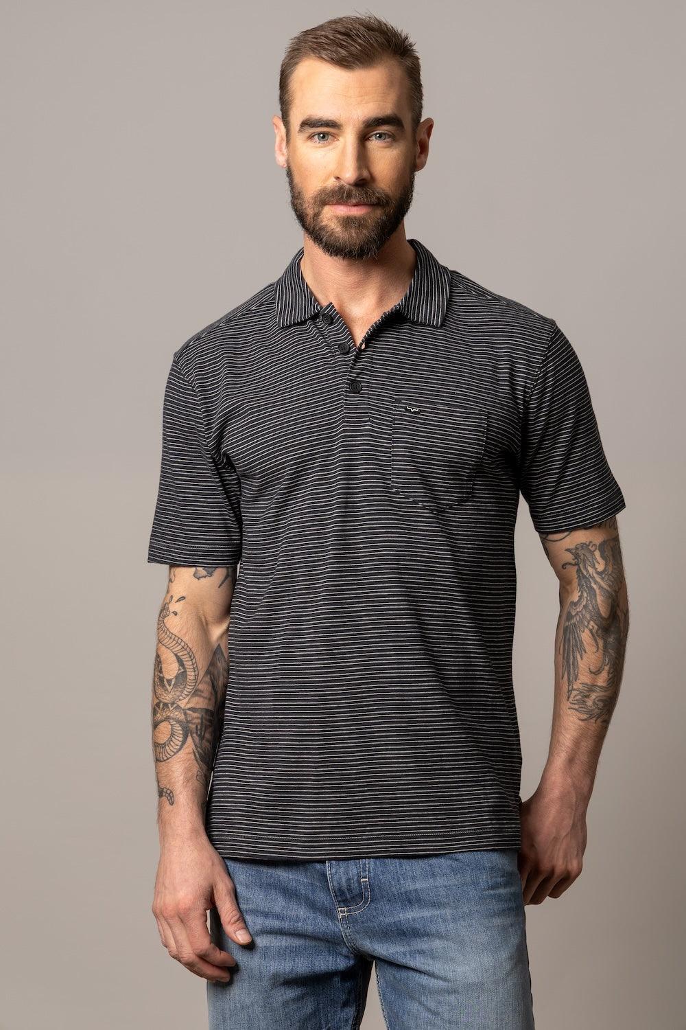 Kimes Ranch Harlan Polo in Black with white horizontal stripes, a collar, and a chest pocket