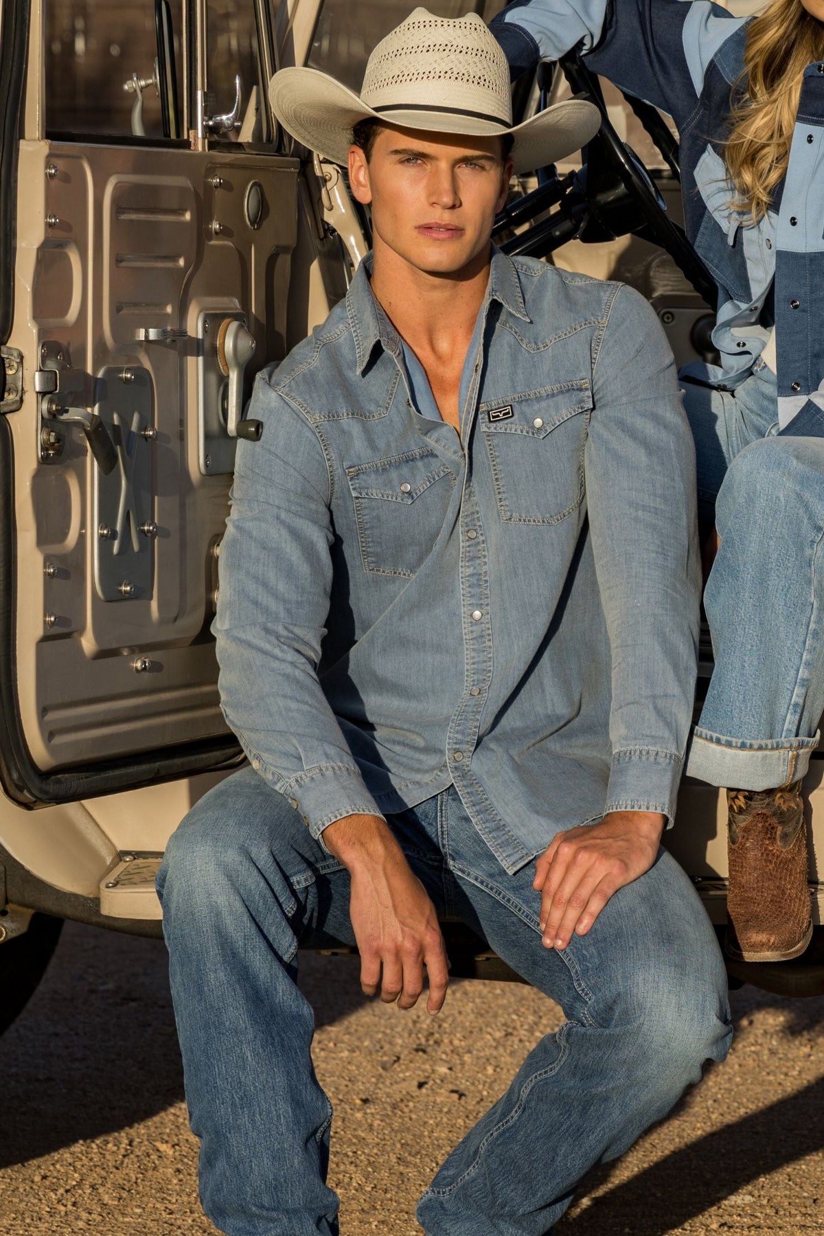 Kimes Ranch Cleavon long sleeve dress shirt in Blue with two chest pockets and a logo patch