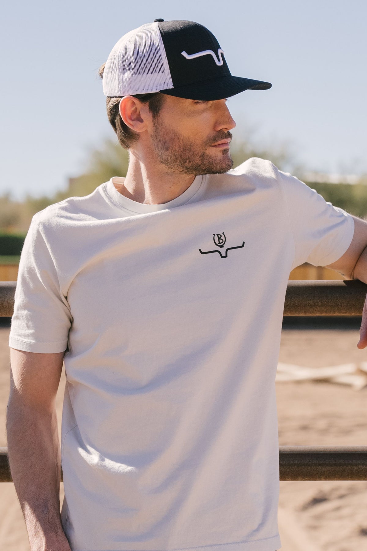Kimes Ranch Lucky B Bucking shirt in Natural with a small black Kimes Ranch logo on the chest