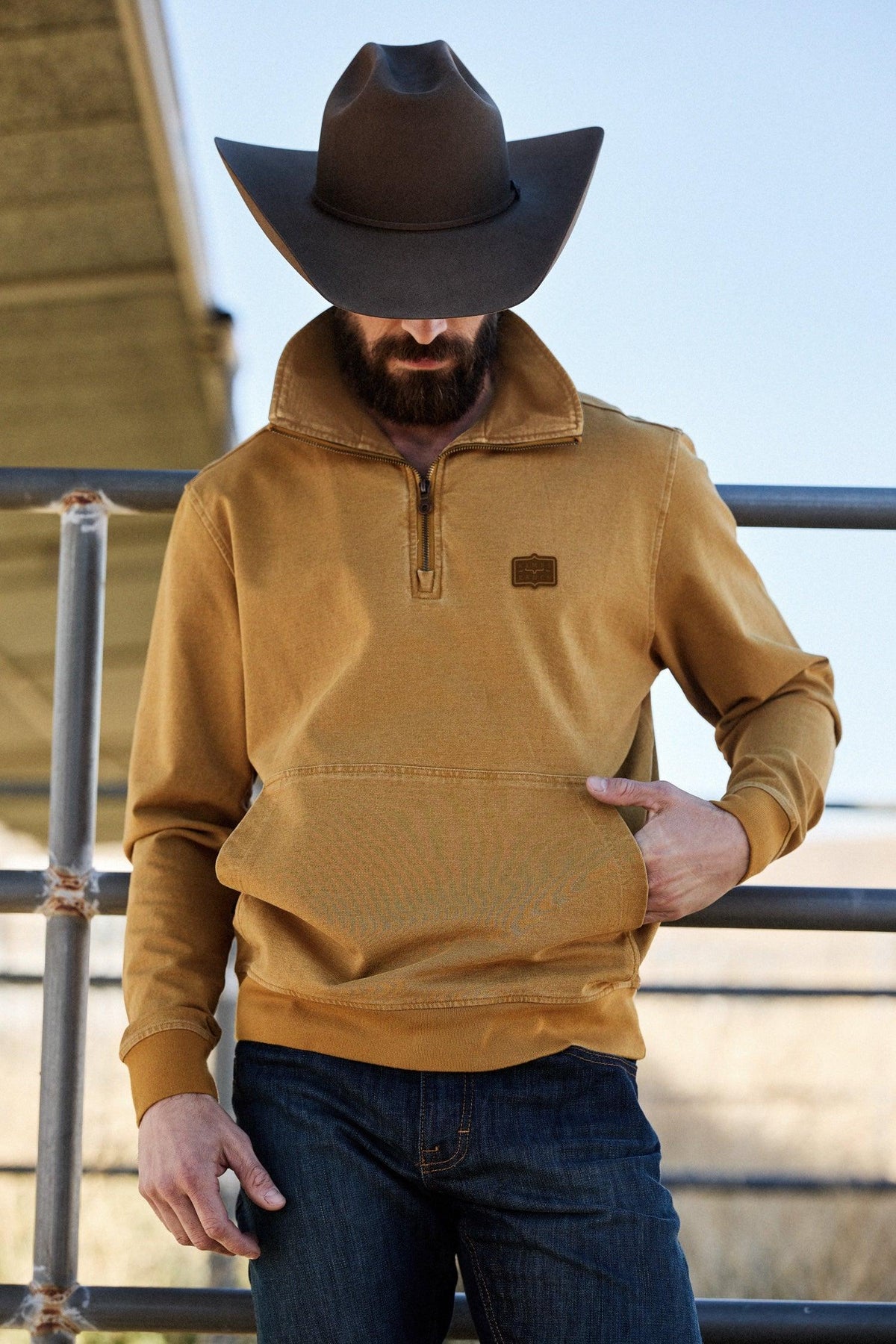 Kimes Ranch Wicklow sweatshirt in Gold with a half-zip collar and kangaroo pocket