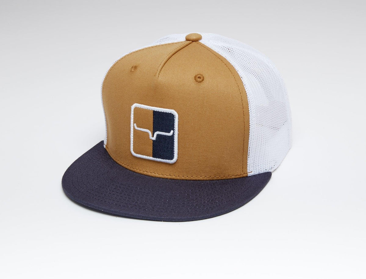 Kimes Ranch Mirror Trucker Hat in Work Wear Brown, side view, with white mesh back and navy brim