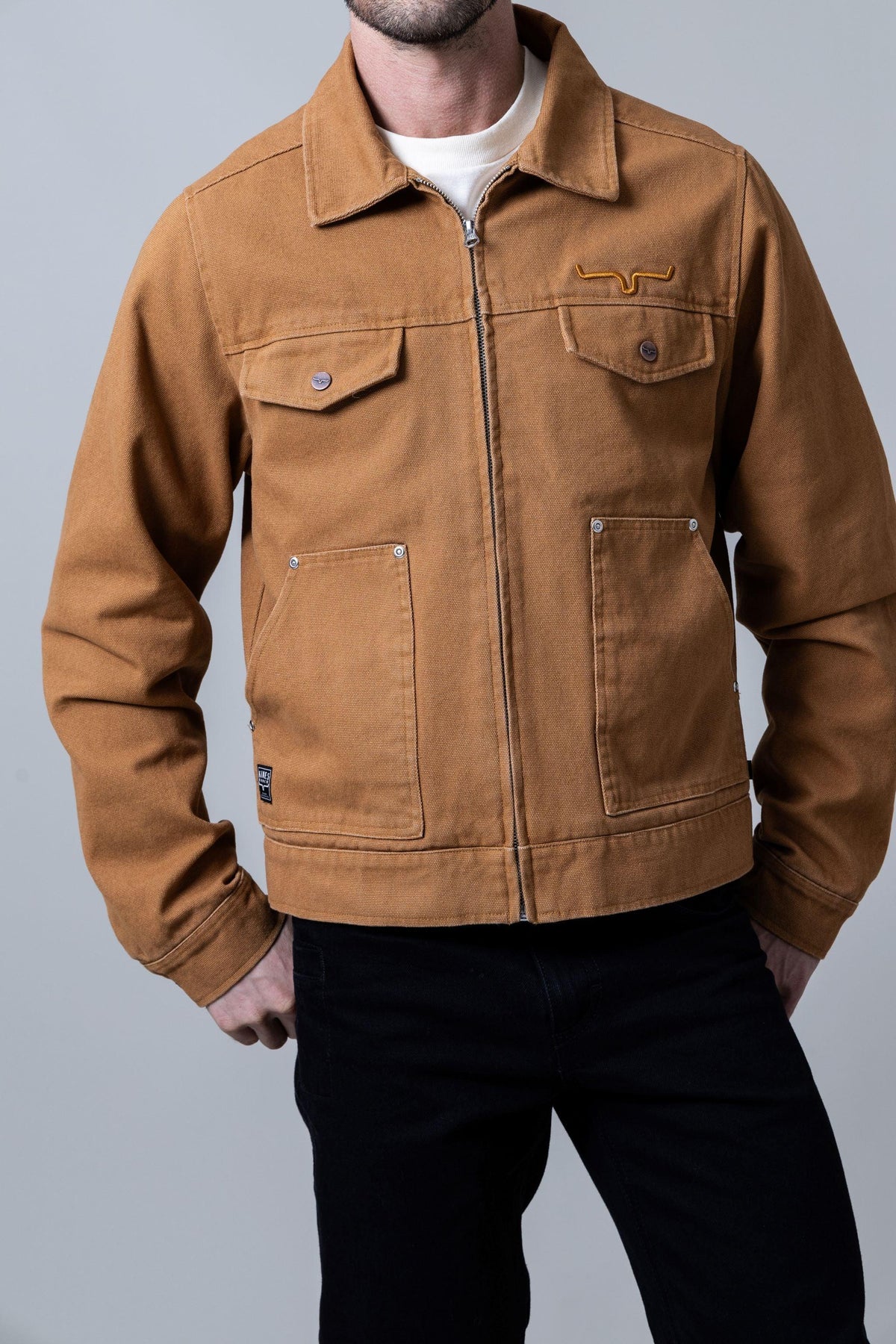 Kimes Ranch Logan Jacket in Work Wear Brown with zip front, flap pockets, and Kimes Ranch logo