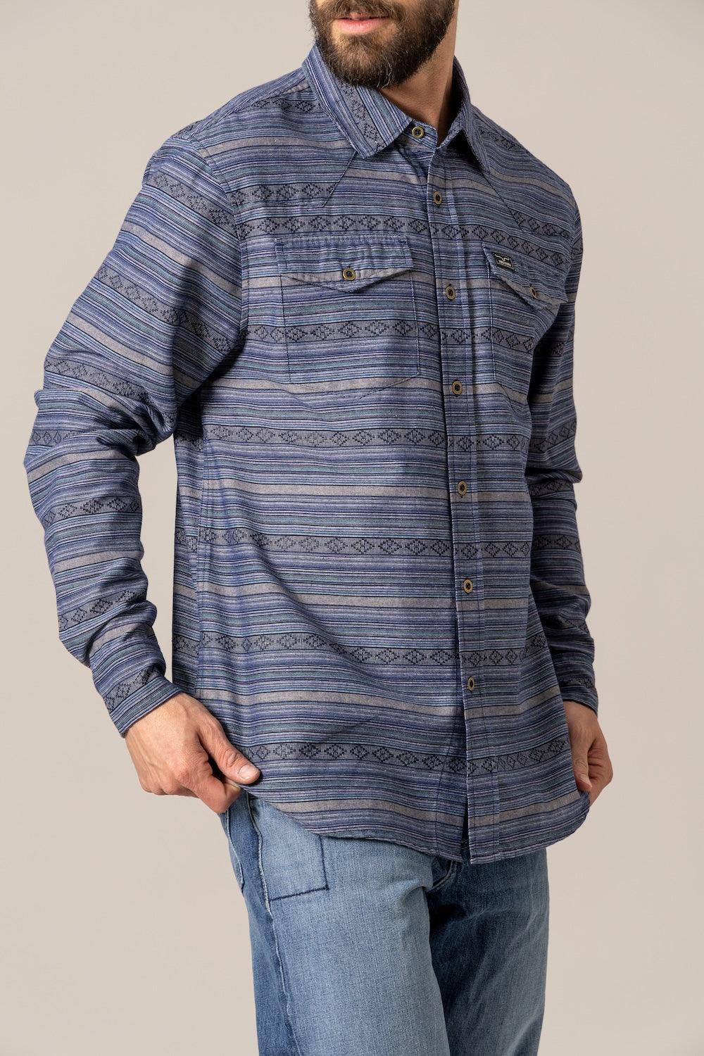 Kimes Ranch Ortega dress shirt in Indigo with horizontal stripes and geometric patterns and two chest pockets