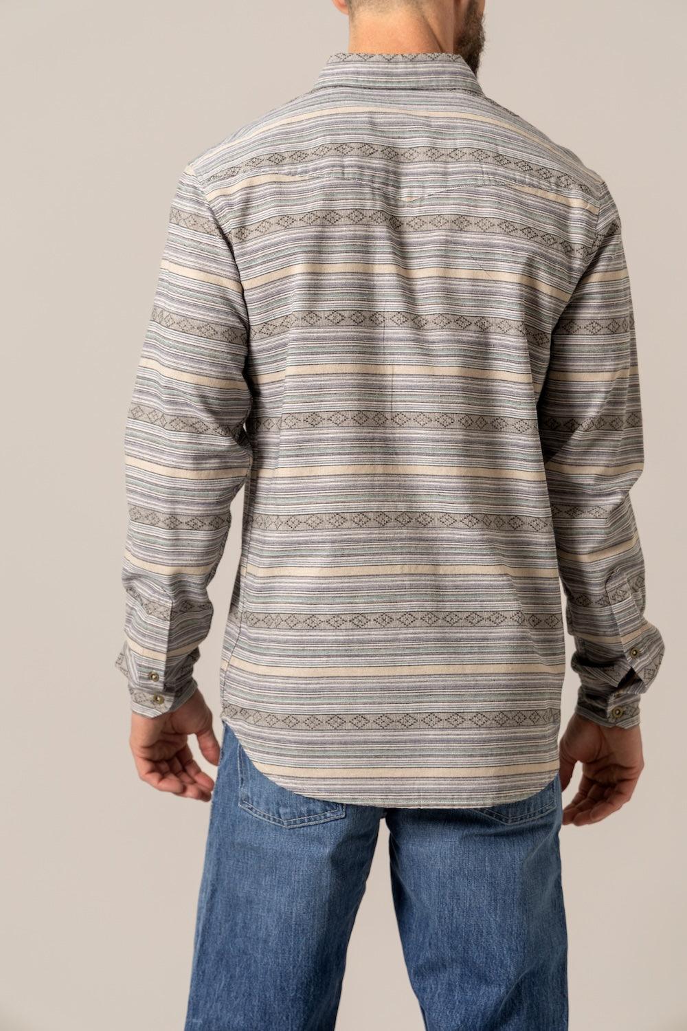 Kimes Ranch Ortega dress shirt in Chalk, back view, with horizontal stripes and diamond motifs