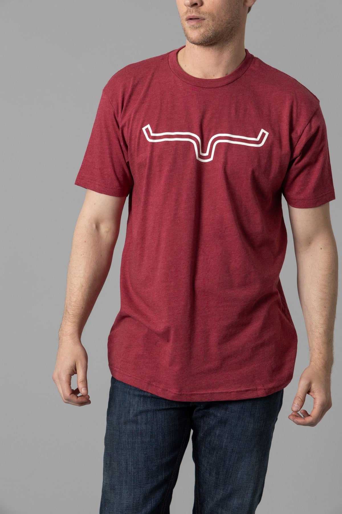 Kimes Ranch Outlier Shirt in Cardinal with a white outline graphic of a longhorn steer on the chest