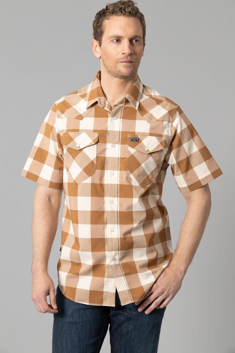 Kimes Ranch Malcom Buffalo Plaid Dress Shirt in Work Wear Brown with short sleeves and two chest pockets