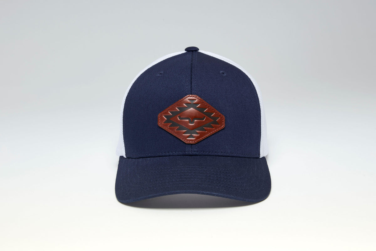 Kimes Ranch San Juan hat in Navy with white mesh back and a brown diamond logo patch on the front