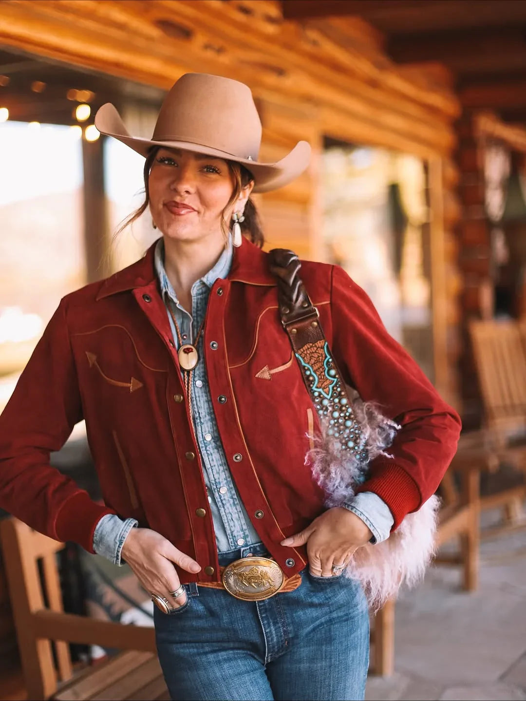 Kimes Ranch KR x Western & Co. Bomber Jacket in red with arrow embroidery and ribbed cuffs