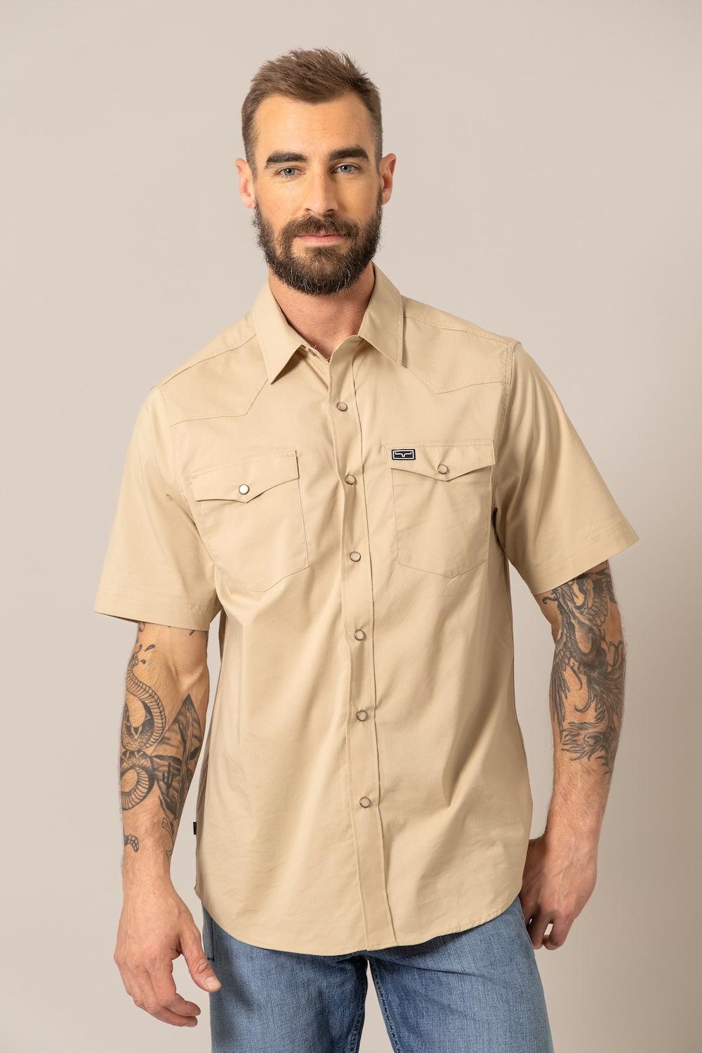Kimes Ranch Rio Short Sleeve Dress Shirt in Light Khaki with western yoke and two button flap pockets