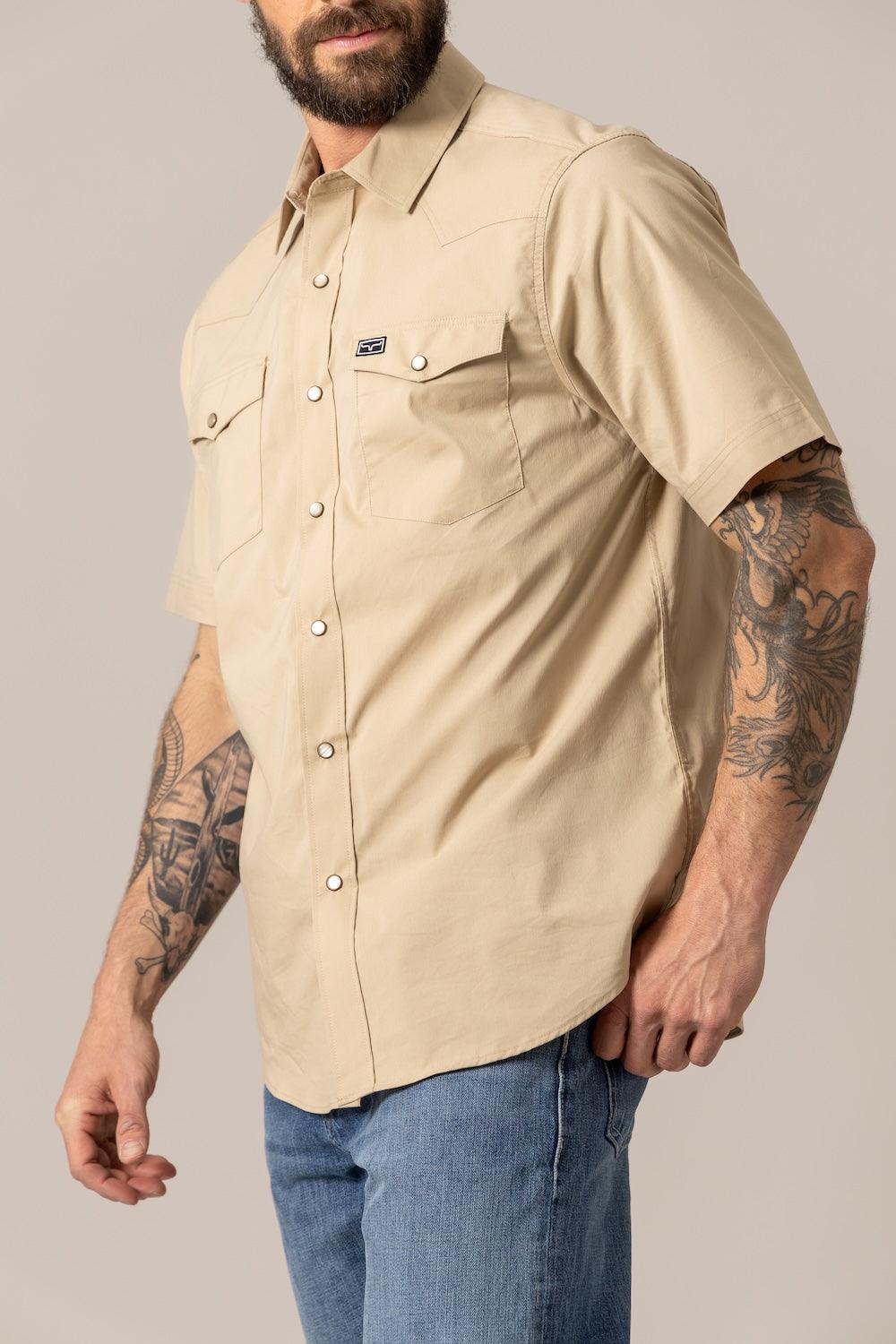 Kimes Ranch Rio Short Sleeve Dress Shirt in Khaki with button front and two chest pockets