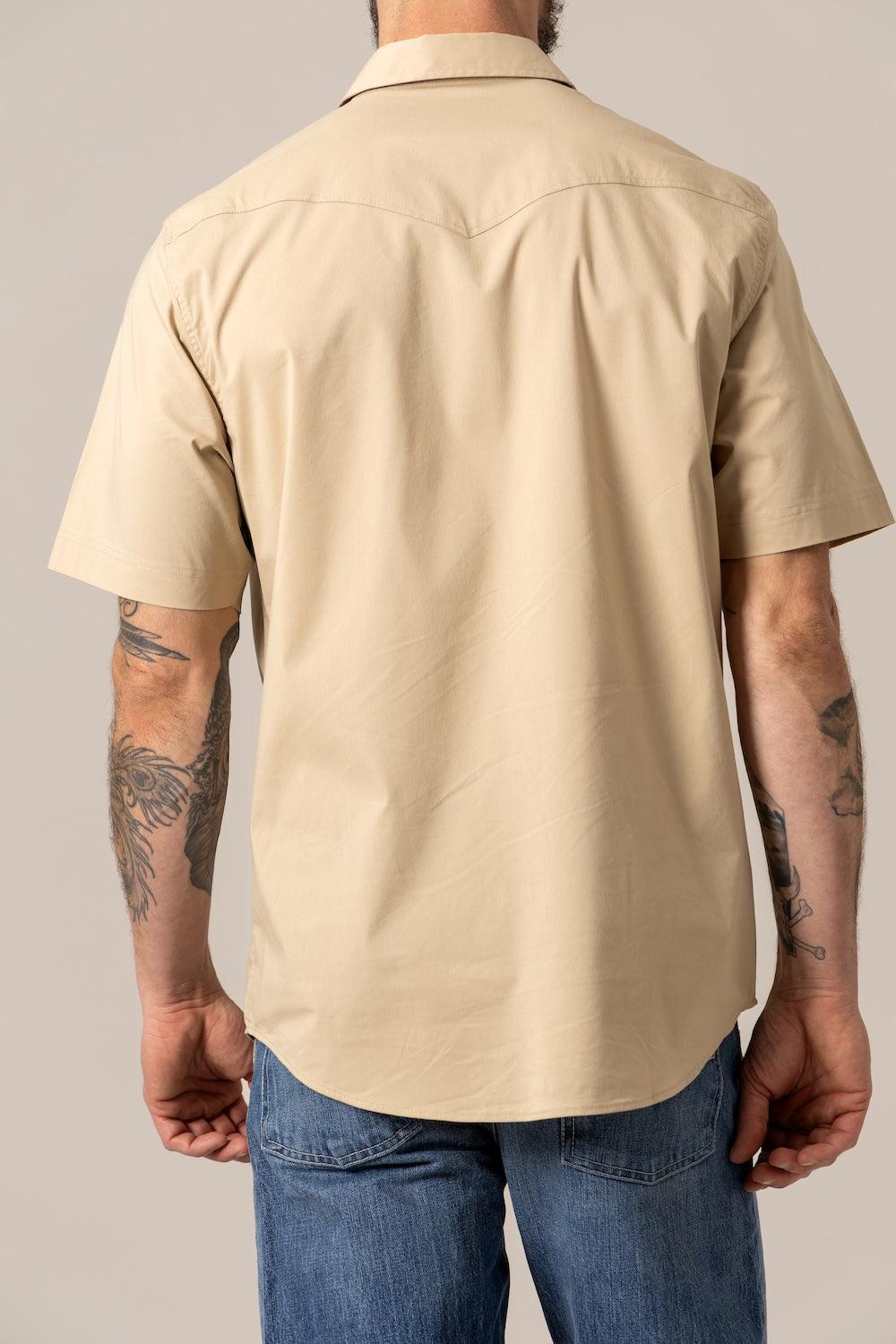 Kimes Ranch Rio Short Sleeve Dress Shirt in Light Khaki, back view, with a back yoke and short sleeves