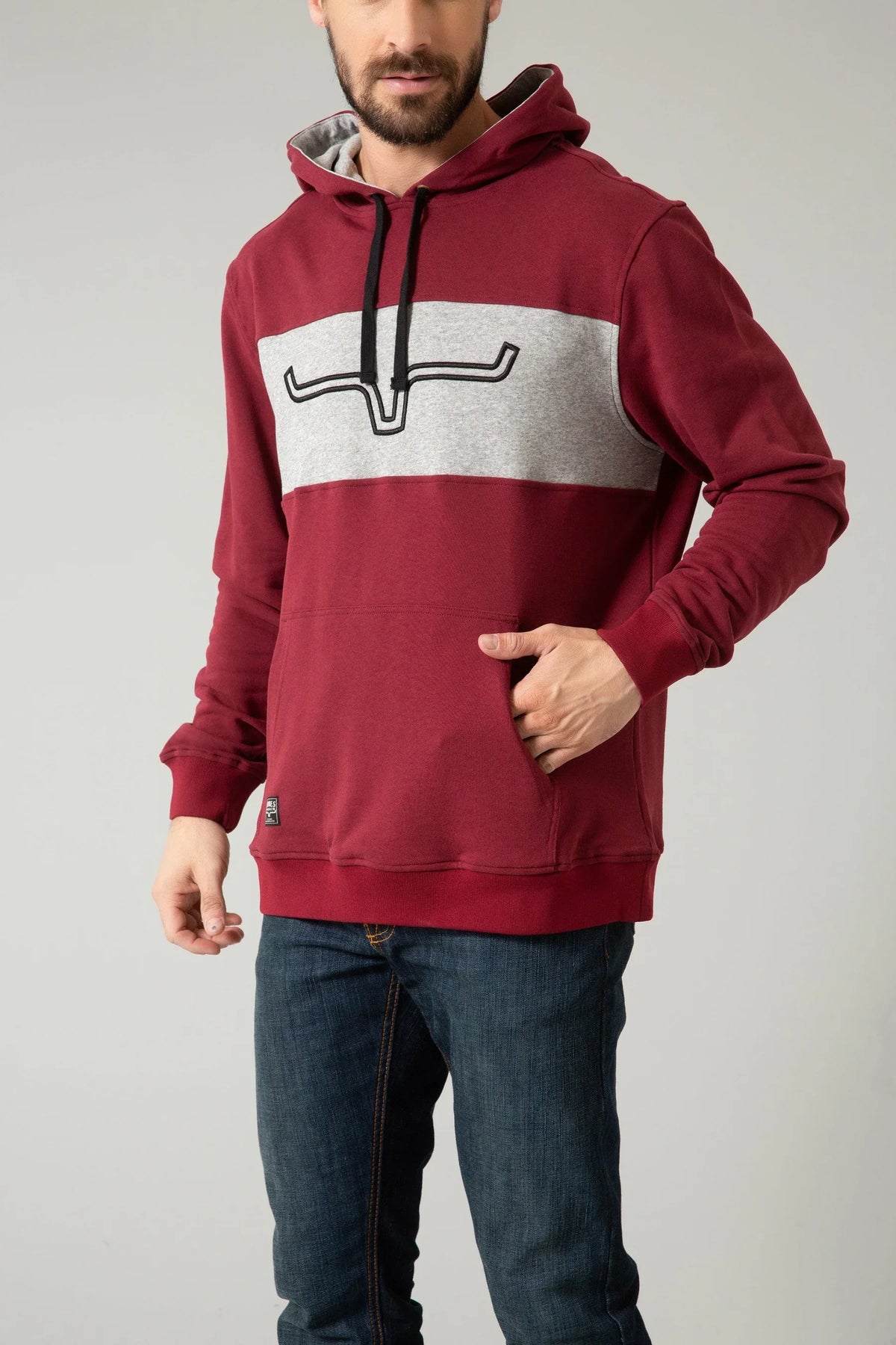 Kimes Ranch Ripon Hoodie in Burgundy with a grey chest stripe and the Kimes Ranch logo