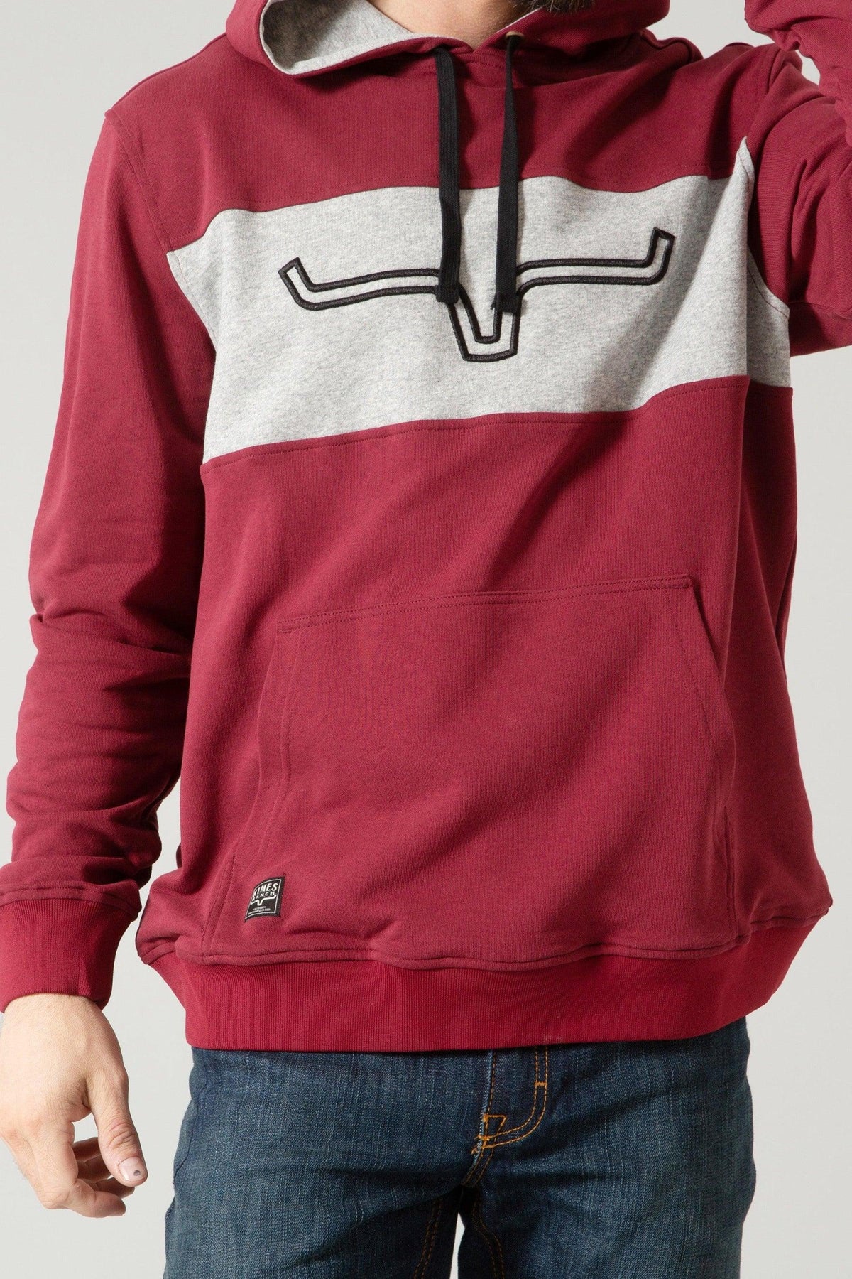 Kimes Ranch Ripon Hoodie in Burgundy with a grey chest panel and the Kimes Ranch logo