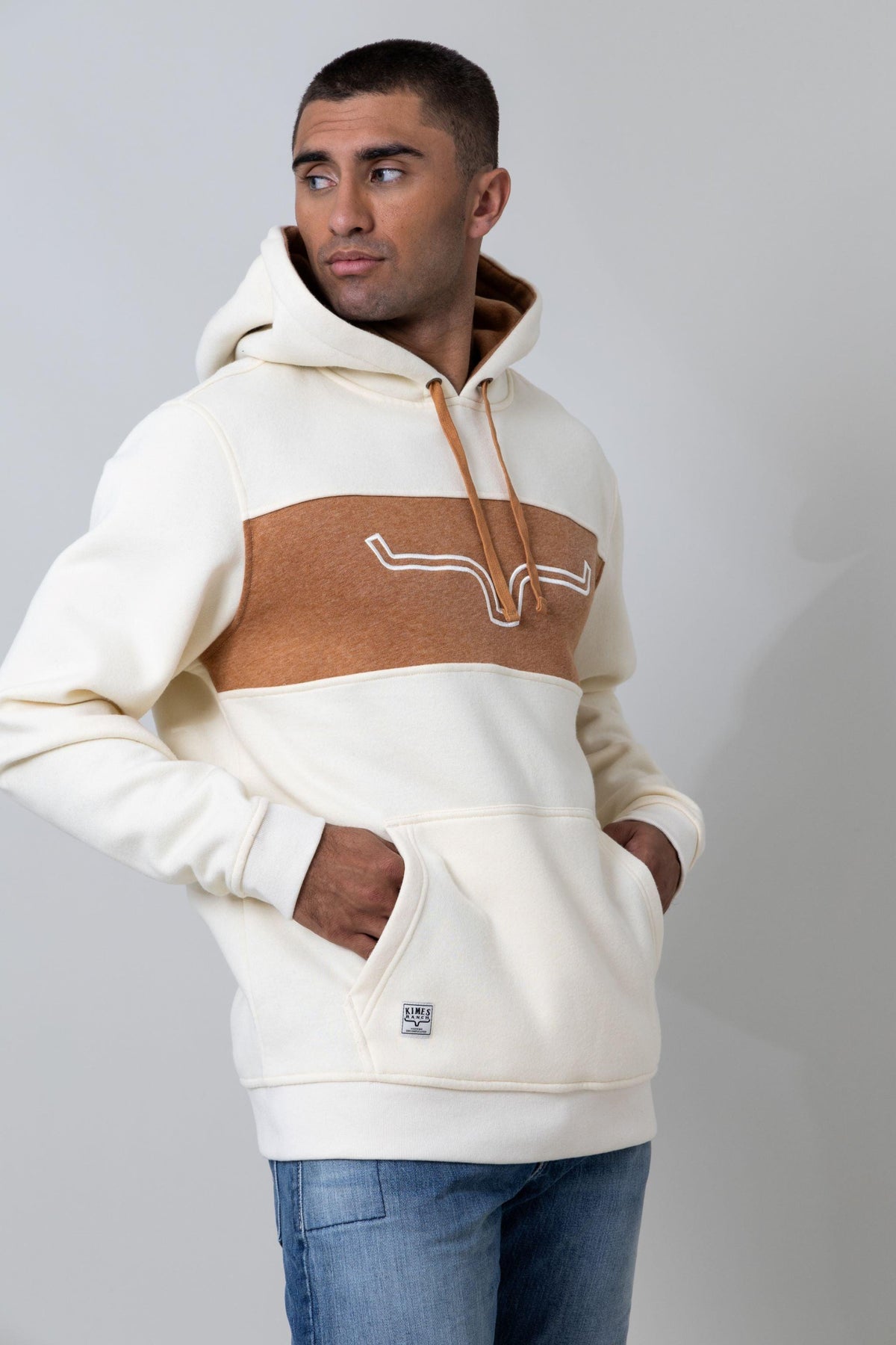 Kimes Ranch Ripon Hoodie in Natural with a brown chest panel and logo with a kangaroo pocket