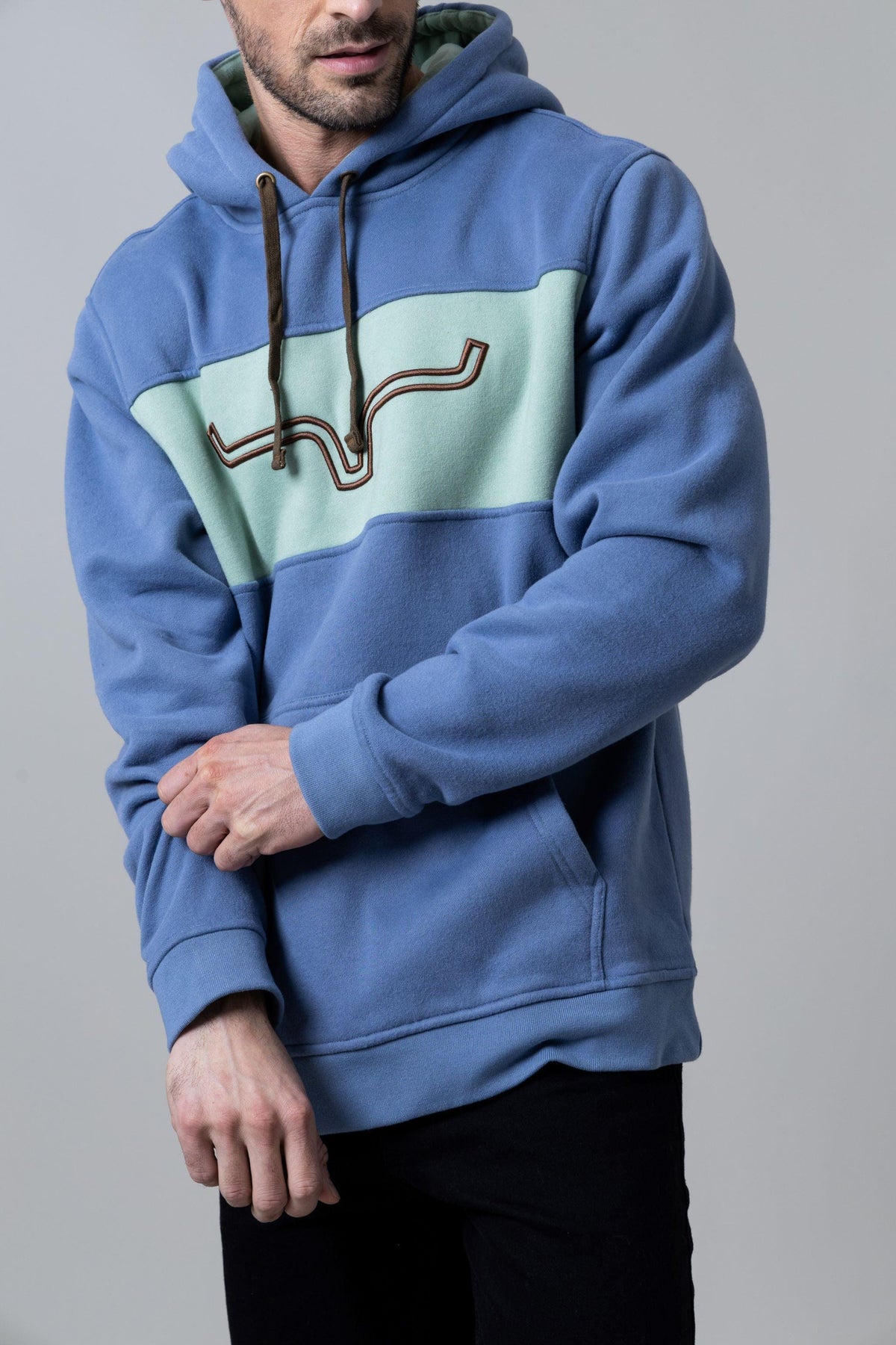 Kimes Ranch Ripon Hoodie in Slate Blue with a mint green chest panel and embroidered logo