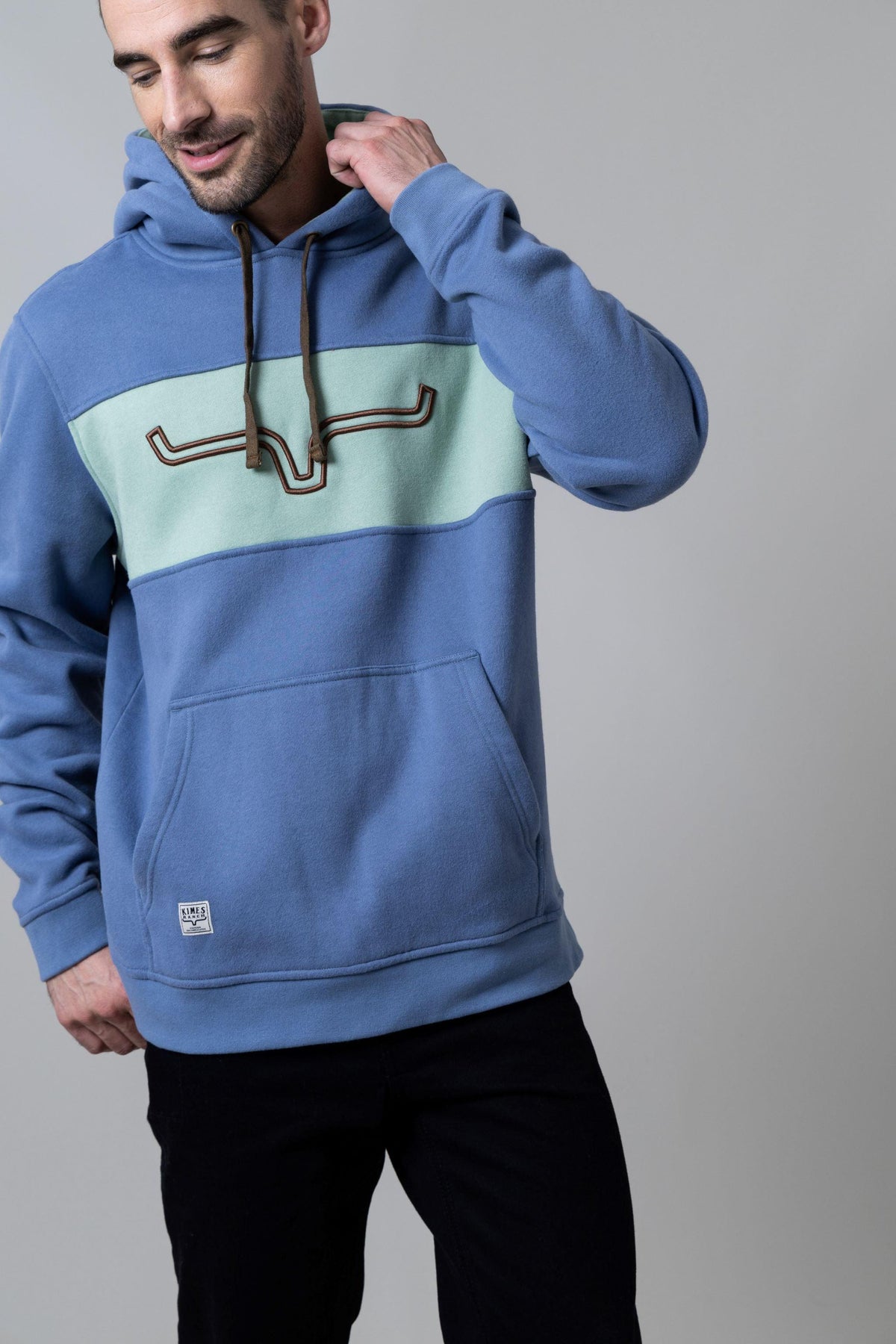 Kimes Ranch Ripon Hoodie in Slate Blue with a mint green chest panel and embroidered Kimes Ranch logo