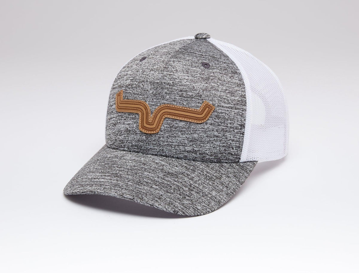 Kimes Ranch Roped LP Trucker Hat in Grey Heather, side view, with white mesh back and brown logo